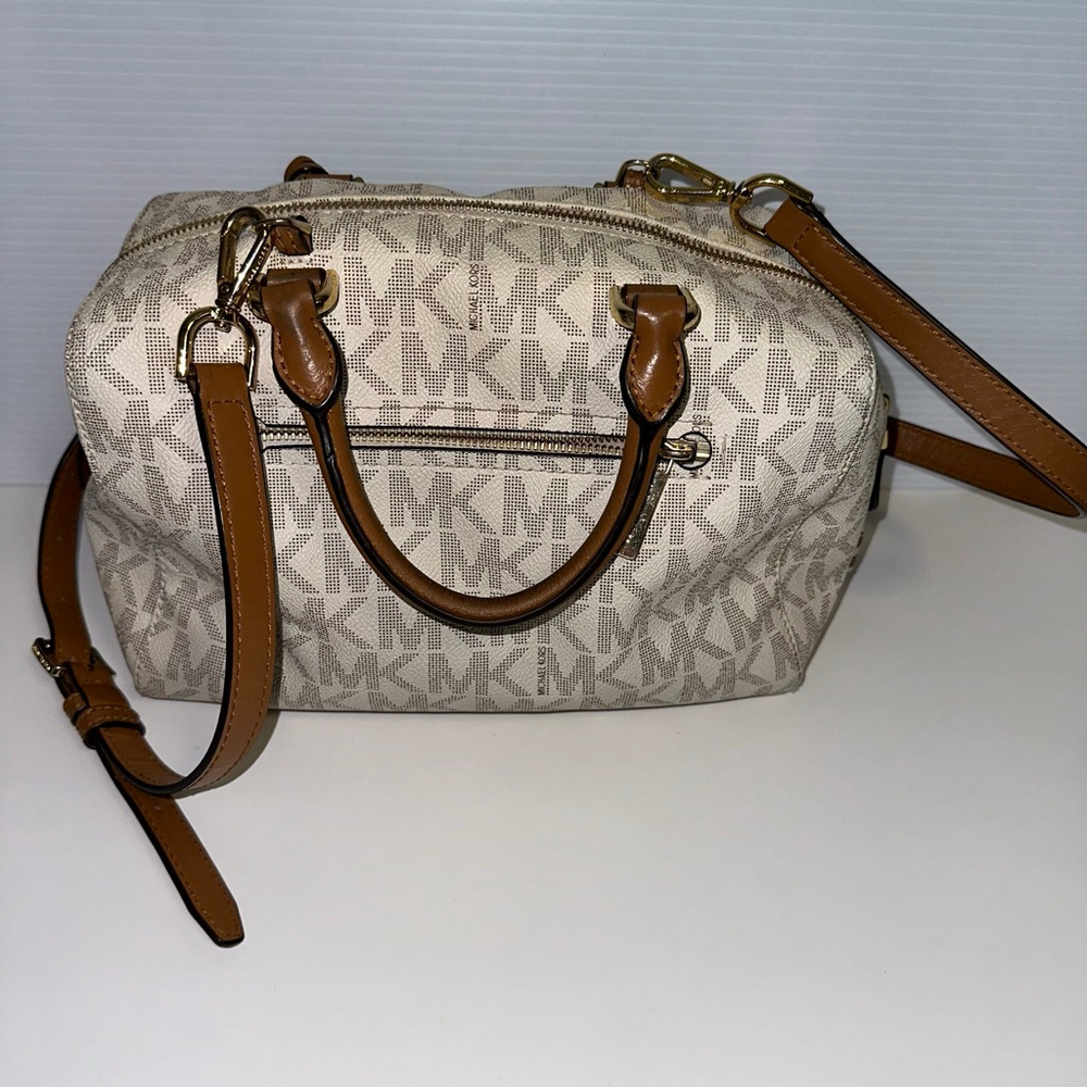 Michael Kors Monogram Kirby Satchel Bag Beige/Brown Vanilla/Acorn MK Logo Purse - Picture 12 of 16
